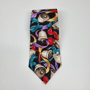 Robert Alan Silk Christmas Necktie Silver Bells & Colored Ribbon Tie 58" x 3.75"